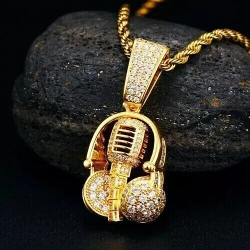 1.00Ct Lab Created Diamond Round Microphone Headset Pendant 14K Yellow Gold Over