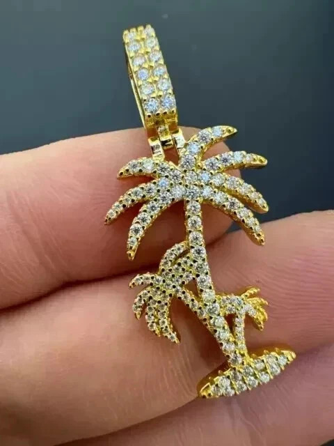 1.50Ct Round Cut Real Moissanite Palm Tree Men’s Pendant 14K Yellow Gold Plated