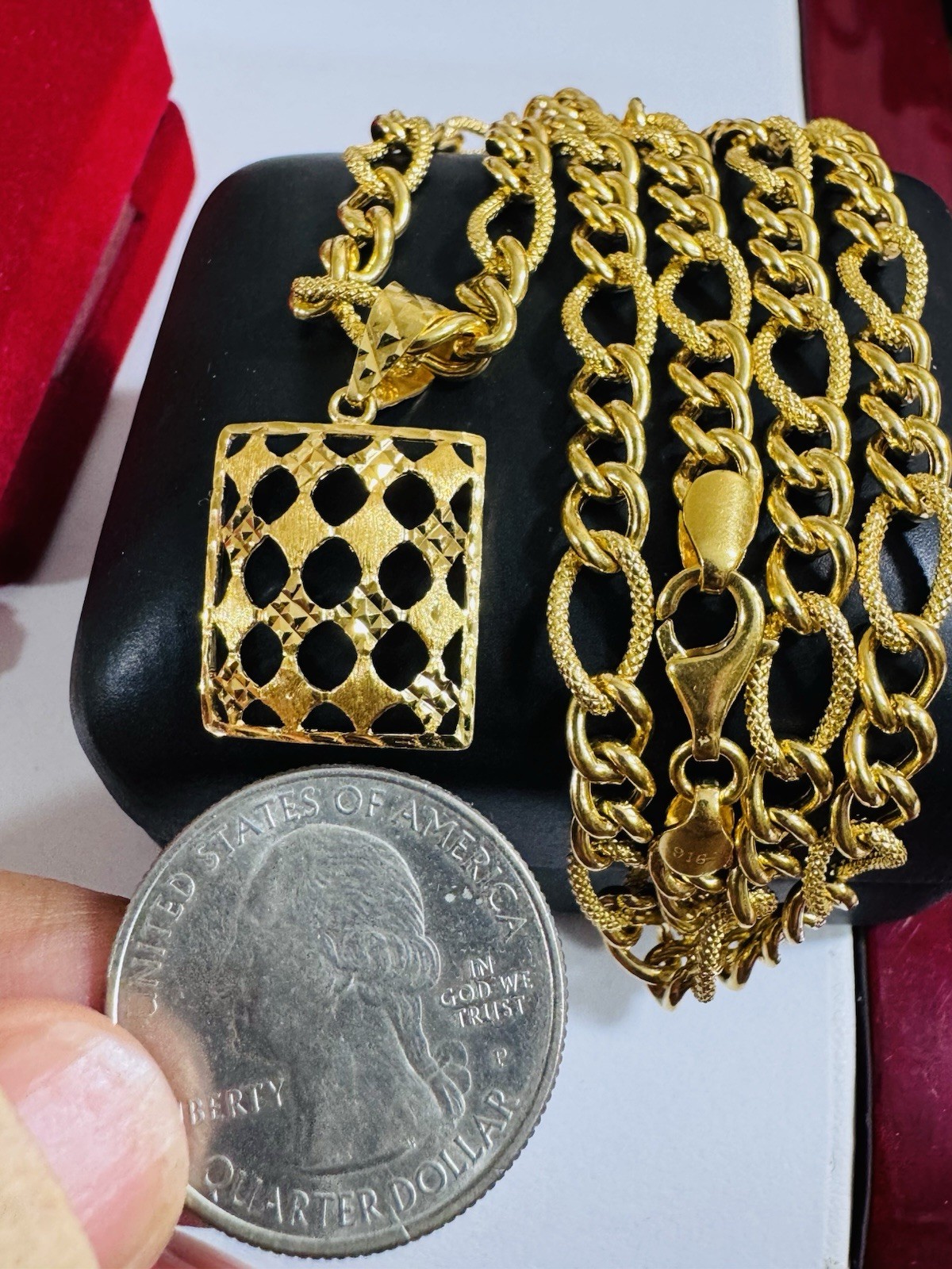 Saudi Solid 22K 916 Real Fine Gold Rectangle Necklace 18” Inch 5.5mm 14.35g