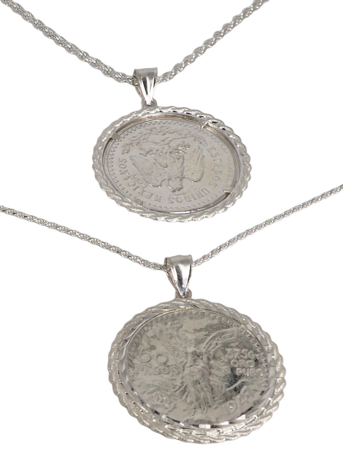 925 Sterling Silver Mexican 50 Peso Centenario Coin Bezel Rope Pendant Necklace