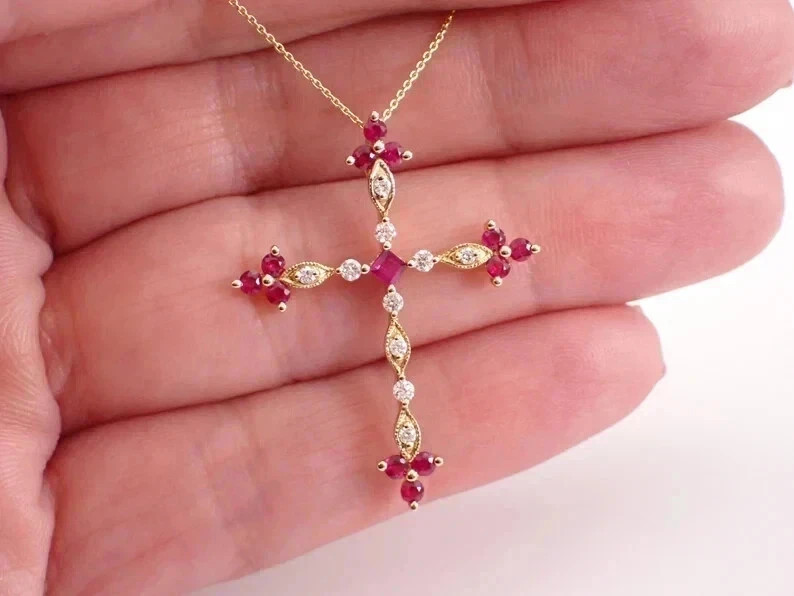1.60CT Round Cut Lab-Created Red Ruby Women Cross Pendant 14K Yellow Gold Plated