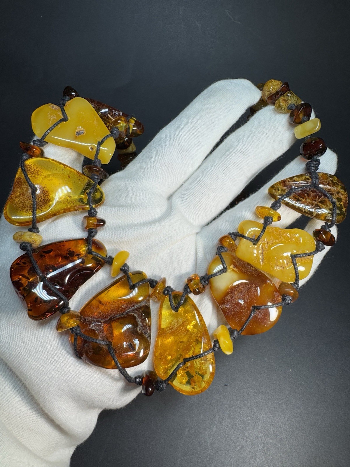 OOAK Natural Baltic Amber Statement Necklace Handmade Freeform Slab Macrame