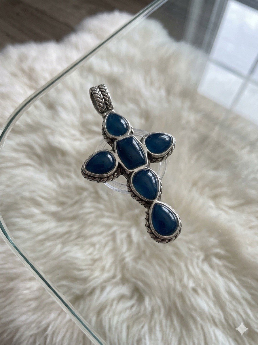 925 Sterling Silver 5 Turquoise Cabochon Cross Pendant Bezel Set Signed Blue