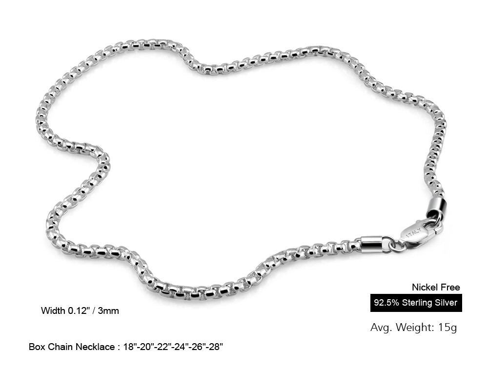 925 Sterling Silver Solid 3mm Round Box Chain Necklace 18″-28″ for Women & Men