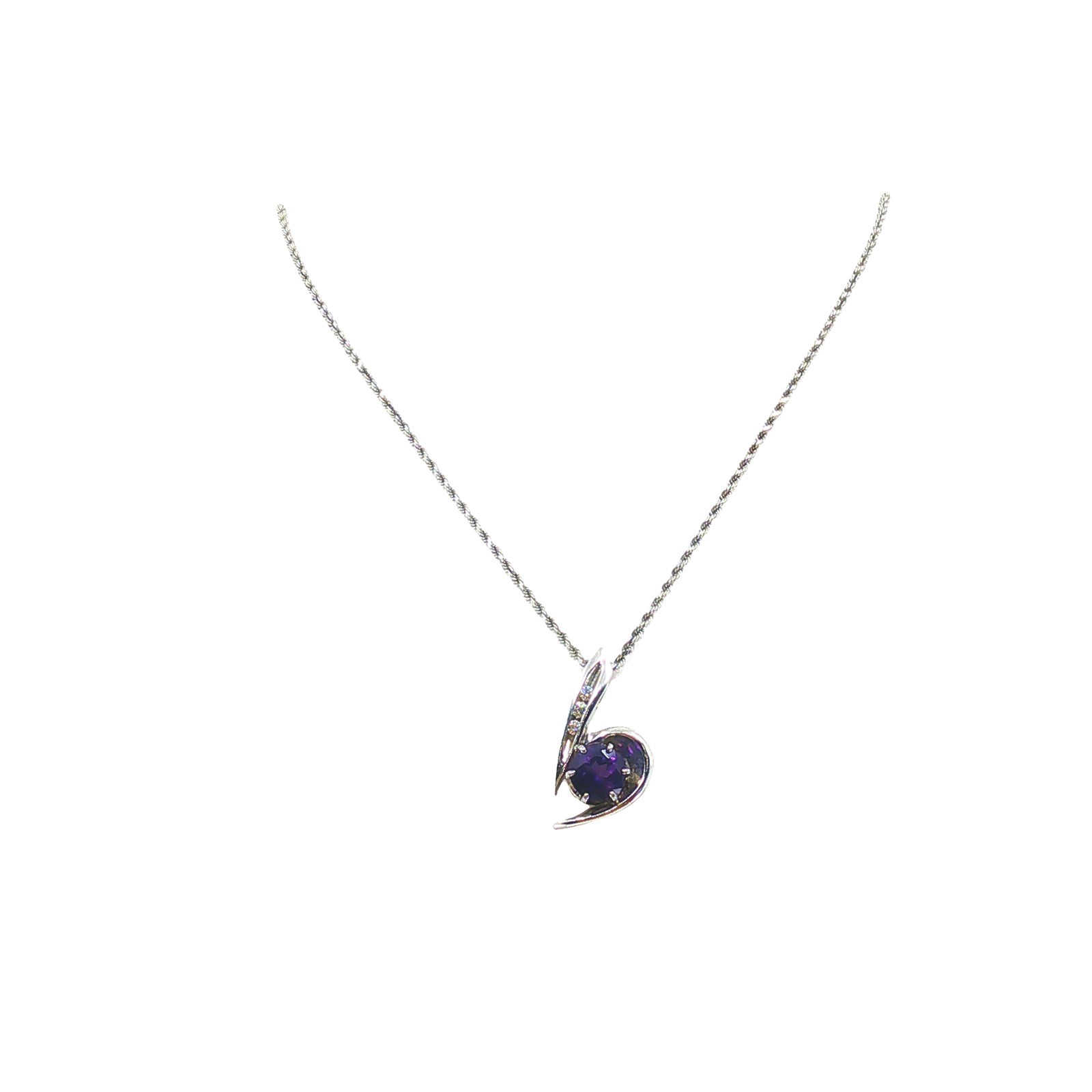 Vintage 14K White Gold Rope Necklace w/ Amethyst & Diamond Pendant 0.09 cttw 20″