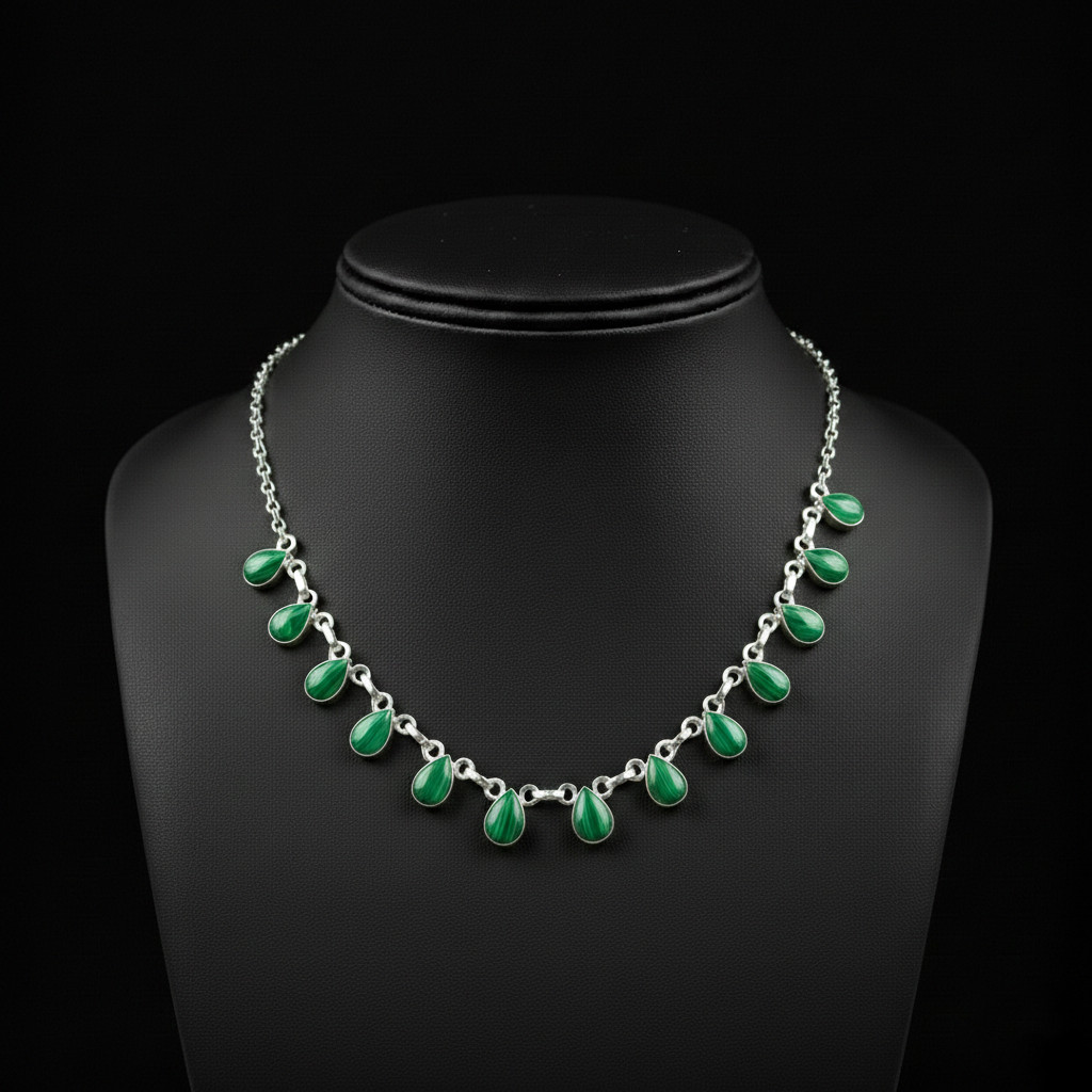 Malachite Gemstone 925 Sterling Silver Handmade Gift Necklace 18″