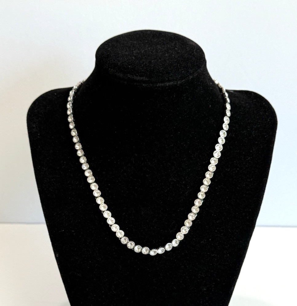 SWAROVSKI Clear Crystal Silver Plated Tennis Necklace Bezel Choker Signed 16″