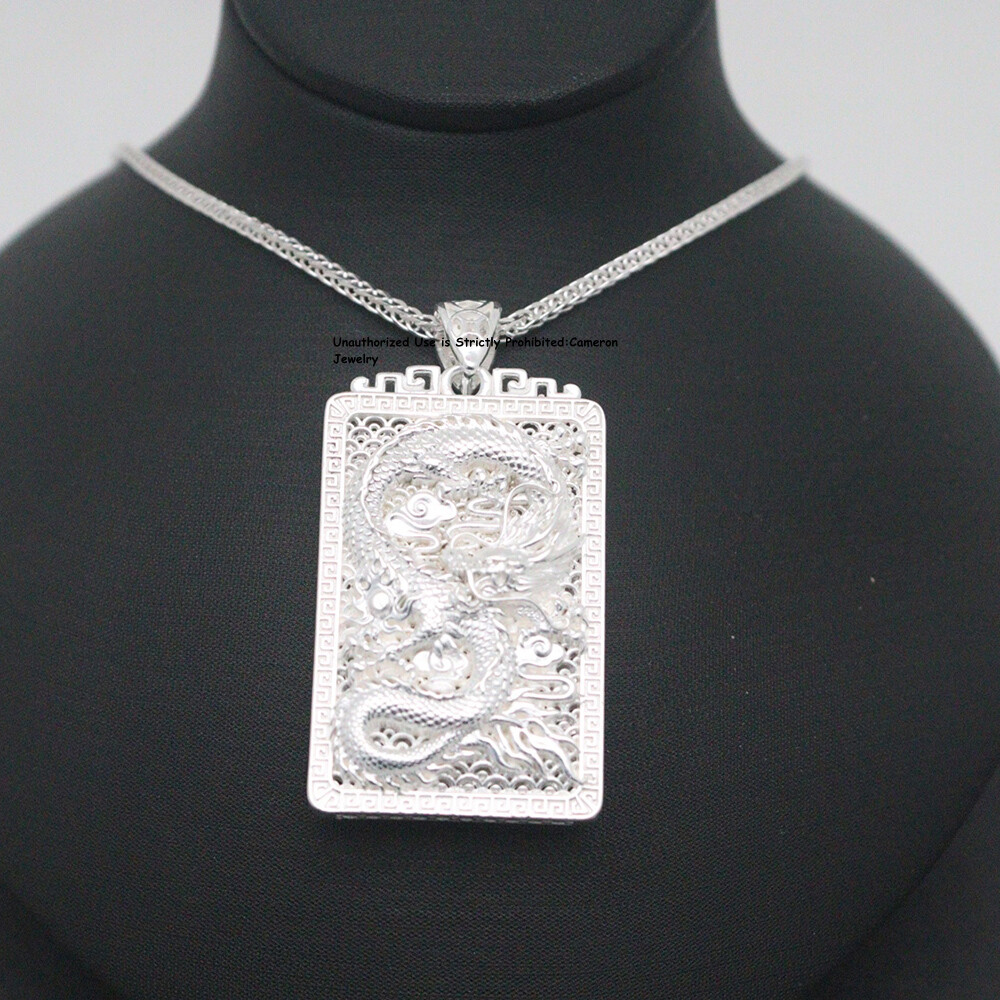 Pure S999 Fine Silver 999 Men Women Square Dragon Pendant 42*22mm 13-15g