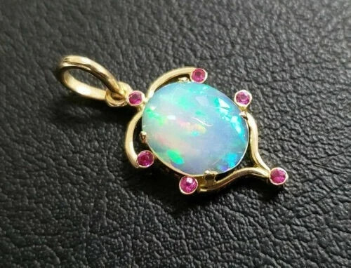 3Ct Oval Opal Ruby Diamond Solitaire Pendant With Chain 14K Yellow Gold Finish
