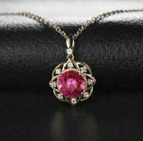 3Ct Round Cut Pink Ruby & Diamond Pendant Necklace 14K Rose Gold Over