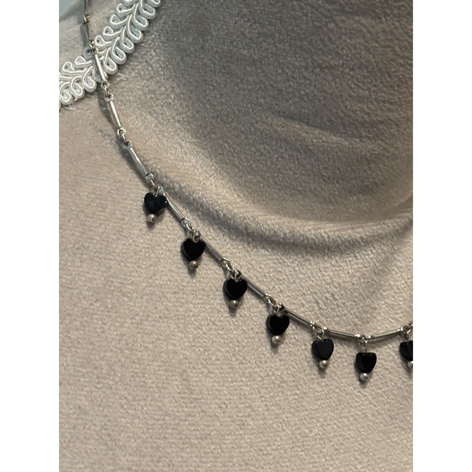 Sterling Silver 17” Bar Link Necklace With Black Heart Dangles 925