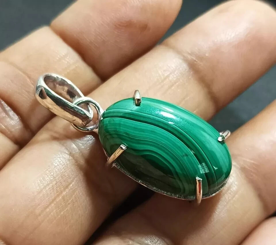 40.85 Ct+ Natural Green Malachite Pendant 925 Solid Silver Oval Cut HG Gemstone