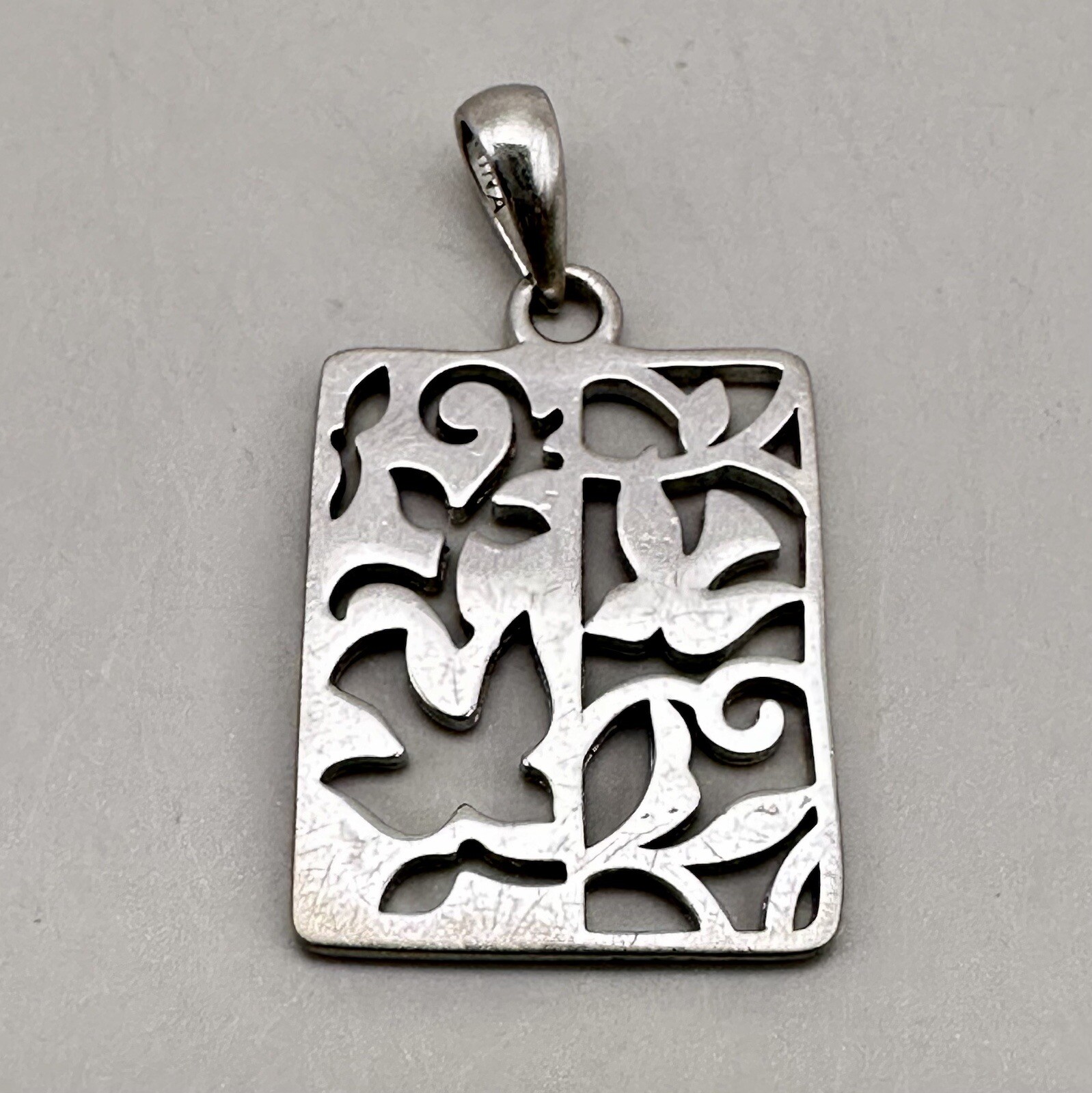 Flying Birds Rectangular Pendant 925 Sterling Silver Cut Out Open Work Leaves