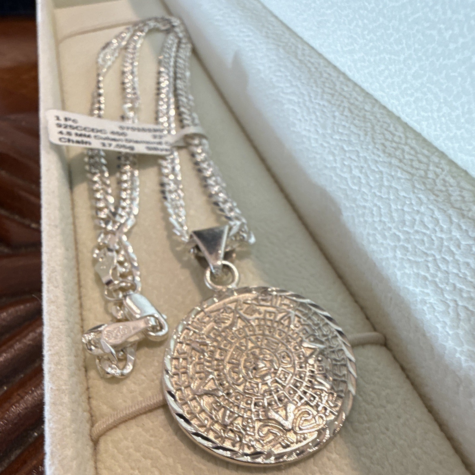 SOLID 925 Cuban Chain 22” 4.5mm (26g) w Round Silver Aztec Pendant