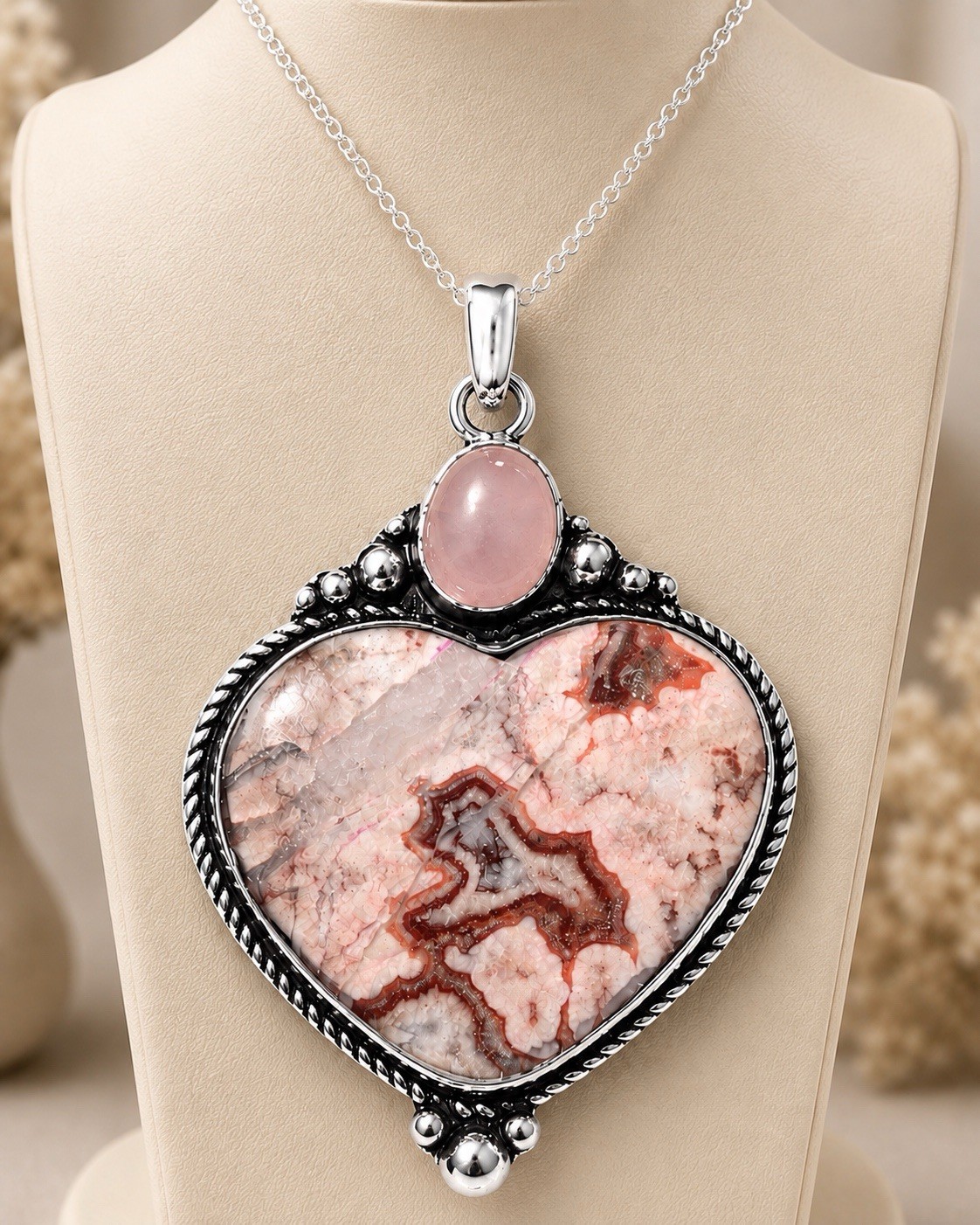 Mexican Laguna Lace and Rose Quartz 925 Sterling Silver Heart Pendant Necklace