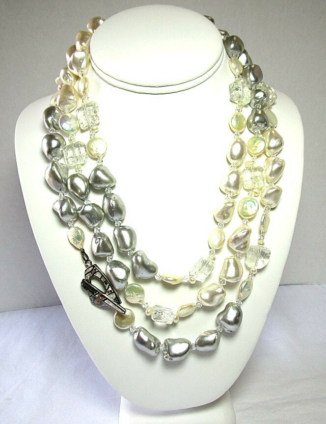 925 Sterling Silver Necklace w Costume Pearls / FW Pearls / Crystal 240 grams