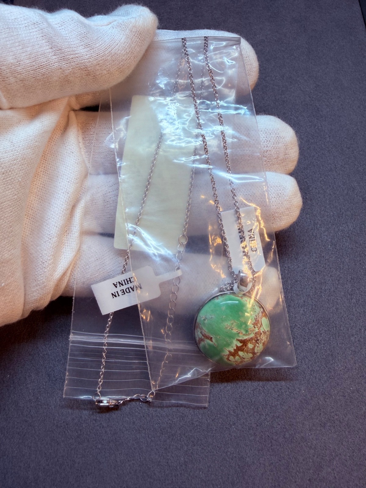 PINCTORE Sterling Silver 24mm Round Variscite Pendant w/ Cable Chain 18in – 21in
