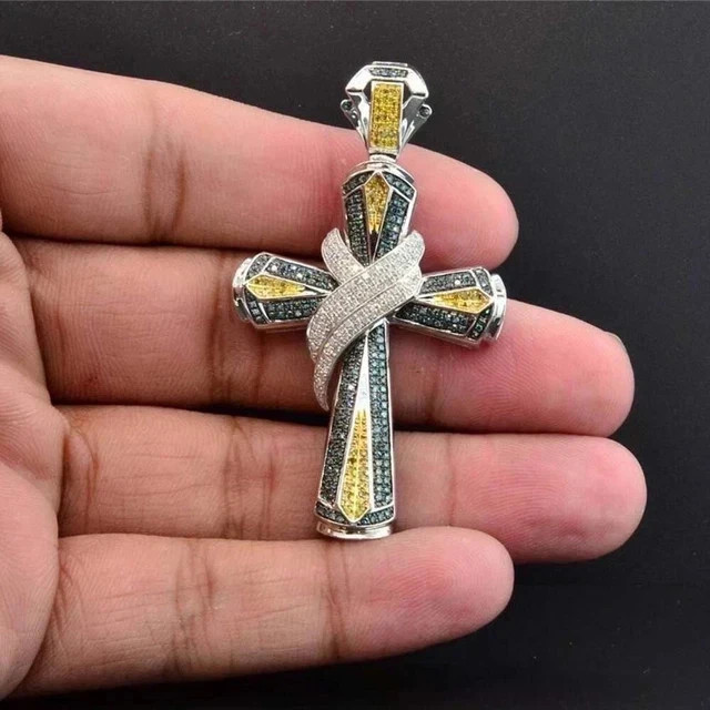 Men’s 2Ct Blue & Yellow Lab Created Diamond 14K White Gold Plated Cross Pendant