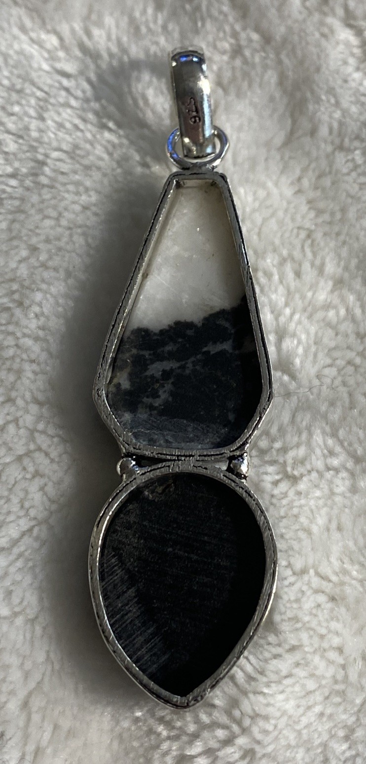 Zebra Jasper Pendant Black White Face Mask 2.75 inches Silver Marked 925