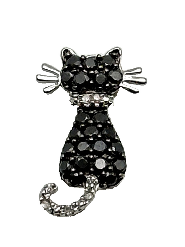 14k White Gold, Black Cat Pendant, 0.30ctw Black & White Diamonds 1 gram