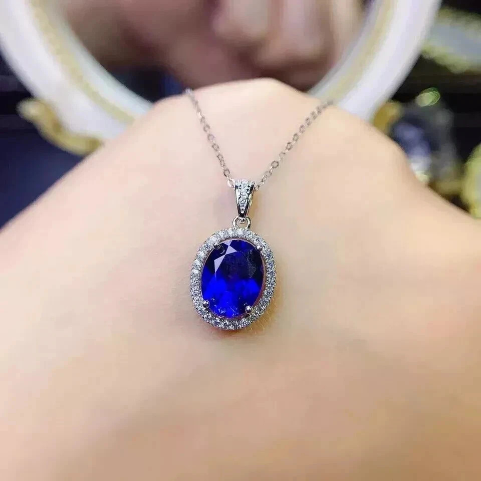 4.80Ct Oval Cut Natural Blue Sapphire & Diamond 14K White Gold Luxurious Pendant