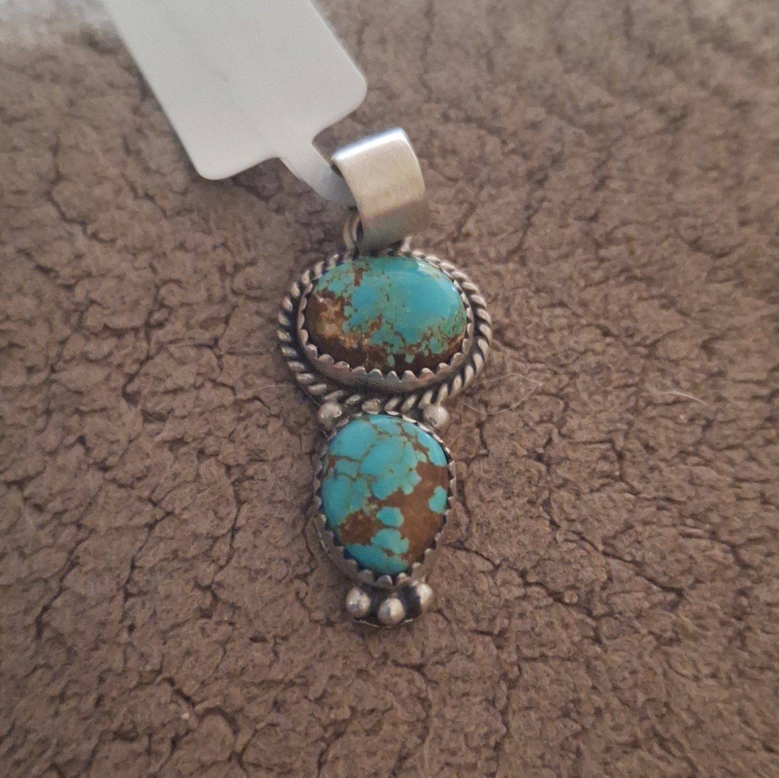 Number 8 925 Sterling Silver Double Oval Bezel Set Turquoise Signed Pendant