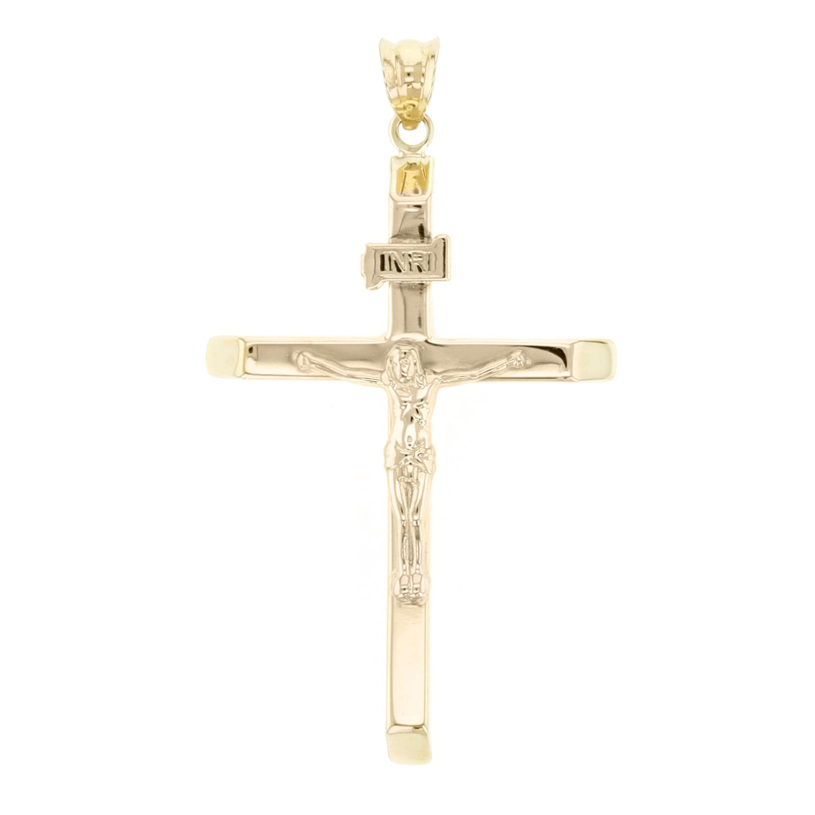 Italian 14k Yellow Gold Hollow INRI Crucifix Cross Charm Pendant 1.7″ 1.5 grams