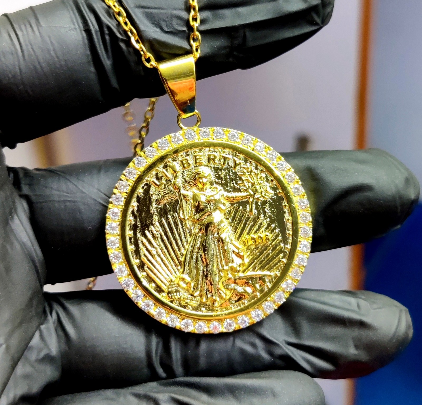 1.20Ct Round Cut Lab Created Diamond Liberty Coin Pendant 14K Yellow Gold Plated