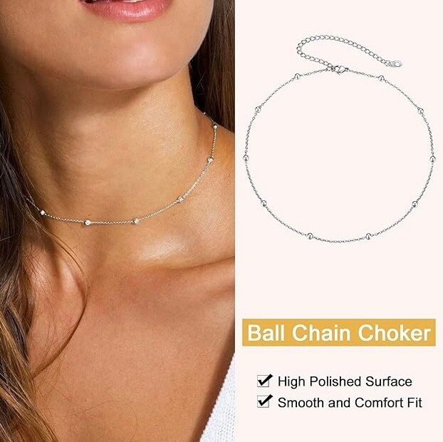 Silver Beaded Ball Chain Choker Necklace 14” +3.5” extender 316L Stainless Steel