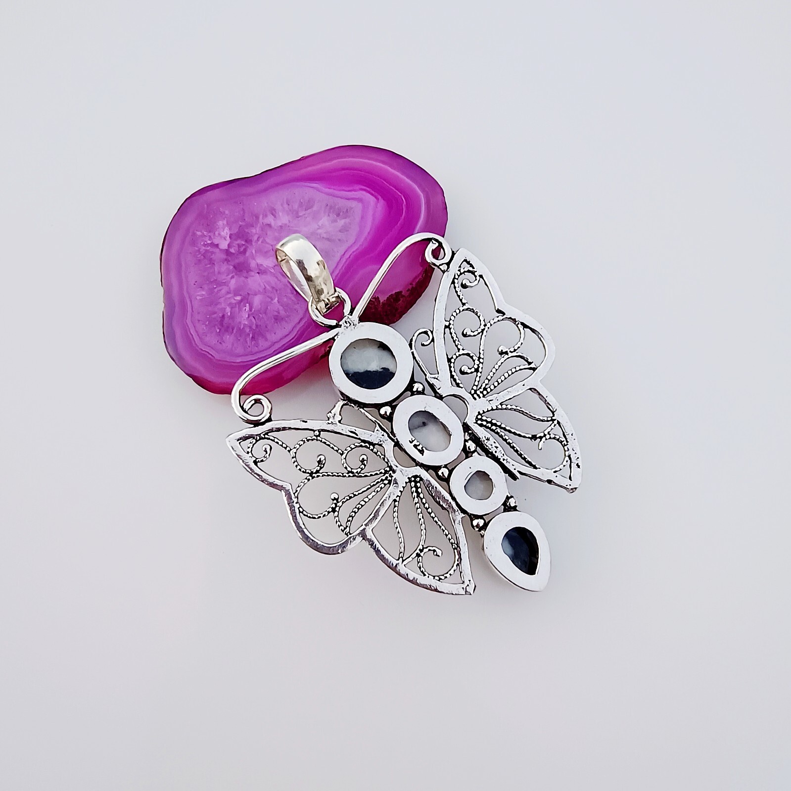 White Buffa Butterfly Pendant 925 Sterling Silver Natural Gemstone Jewelry 2.36″