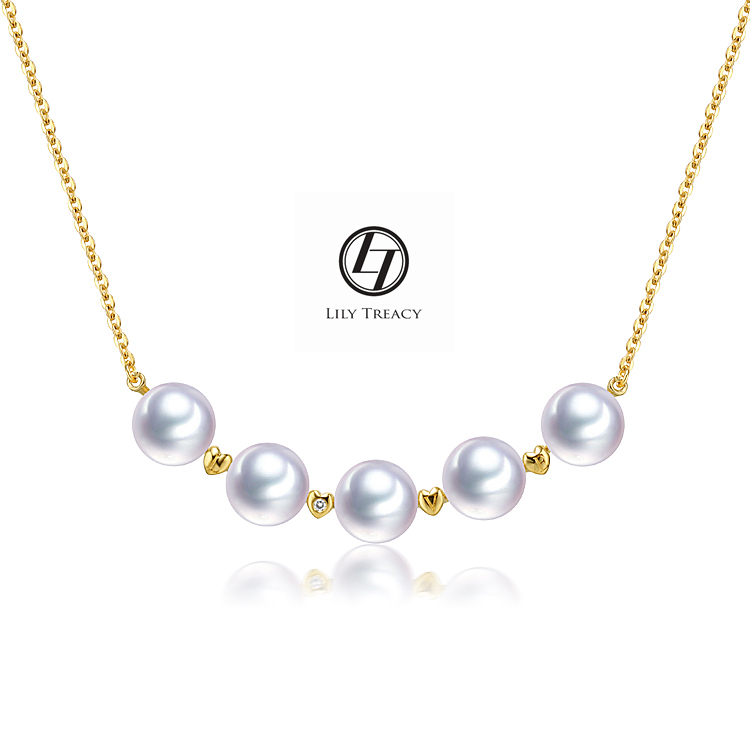 7.5- 8mm Japanese Akoya Pearl Necklace white 18K Gold diamond w/ extension June
