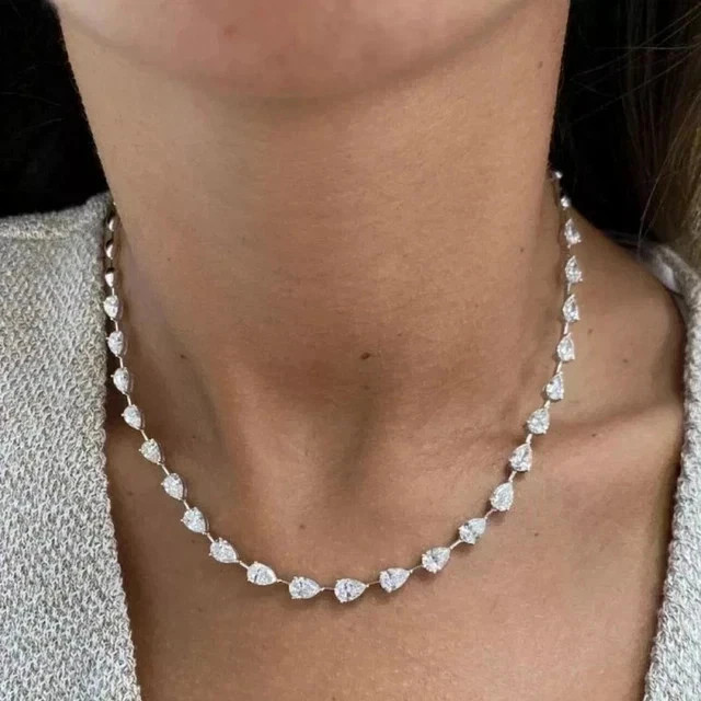 11Ct Pear Cut Lab Created Diamond Tennis Necklace 14k White Gold Plated