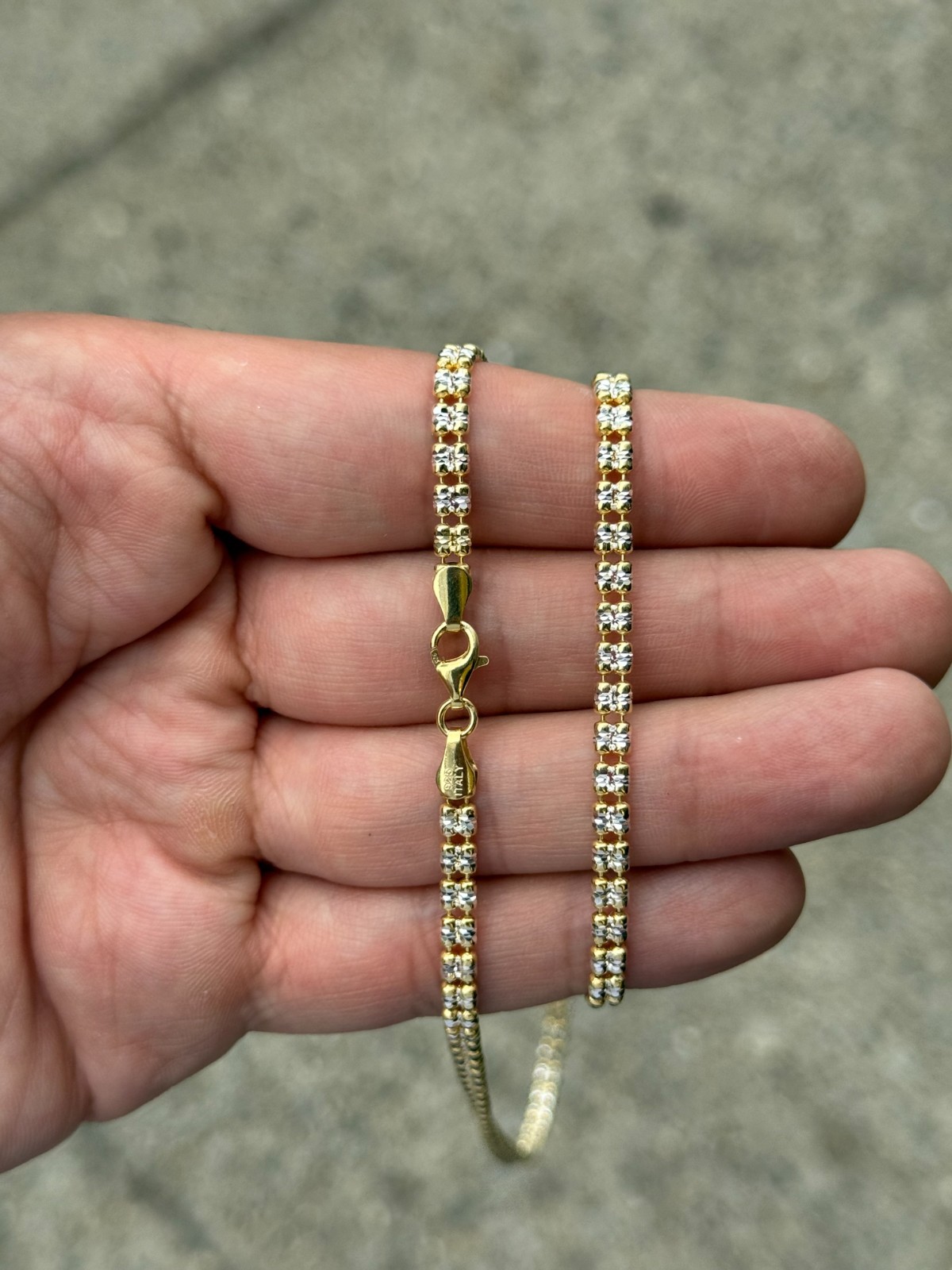 4mm 14k Yellow Gold Two-Tone Diamond-Cut Ice Link Chain 925 Sterling Silver