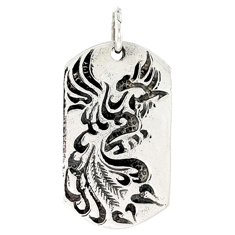 925 Sterling Silver Solid Peacock Dog Tag Pendant 1 1/2 Inch (38mm) Tall