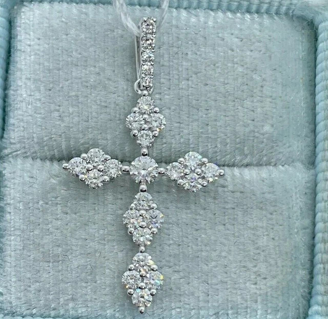 Women’s Cross Charm Pendant 14K White Gold Plated Round 1.98ct Lab Grown Diamond