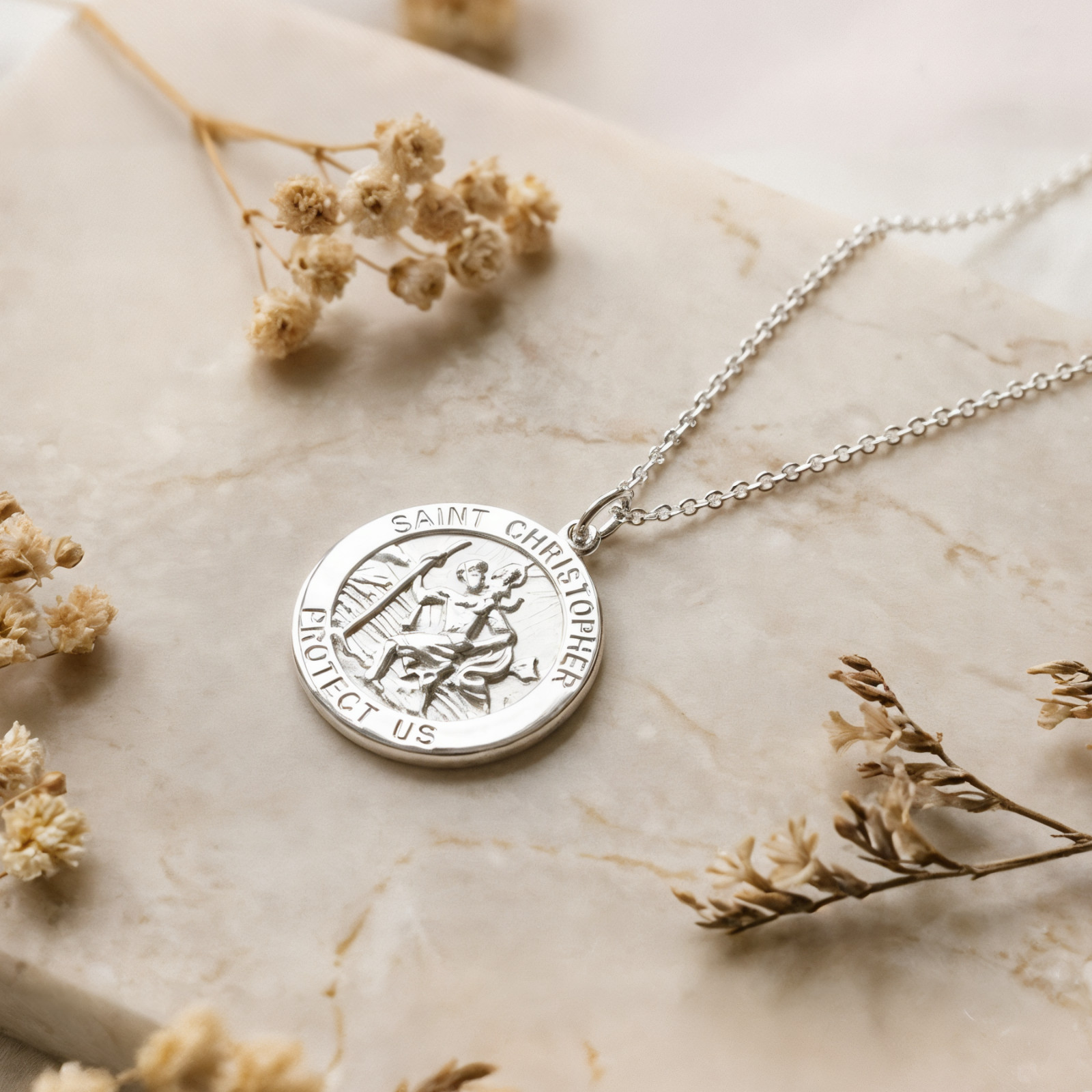 Mens Sterling Silver St Christopher pendant Necklace with 20″ Chain and Gift Box