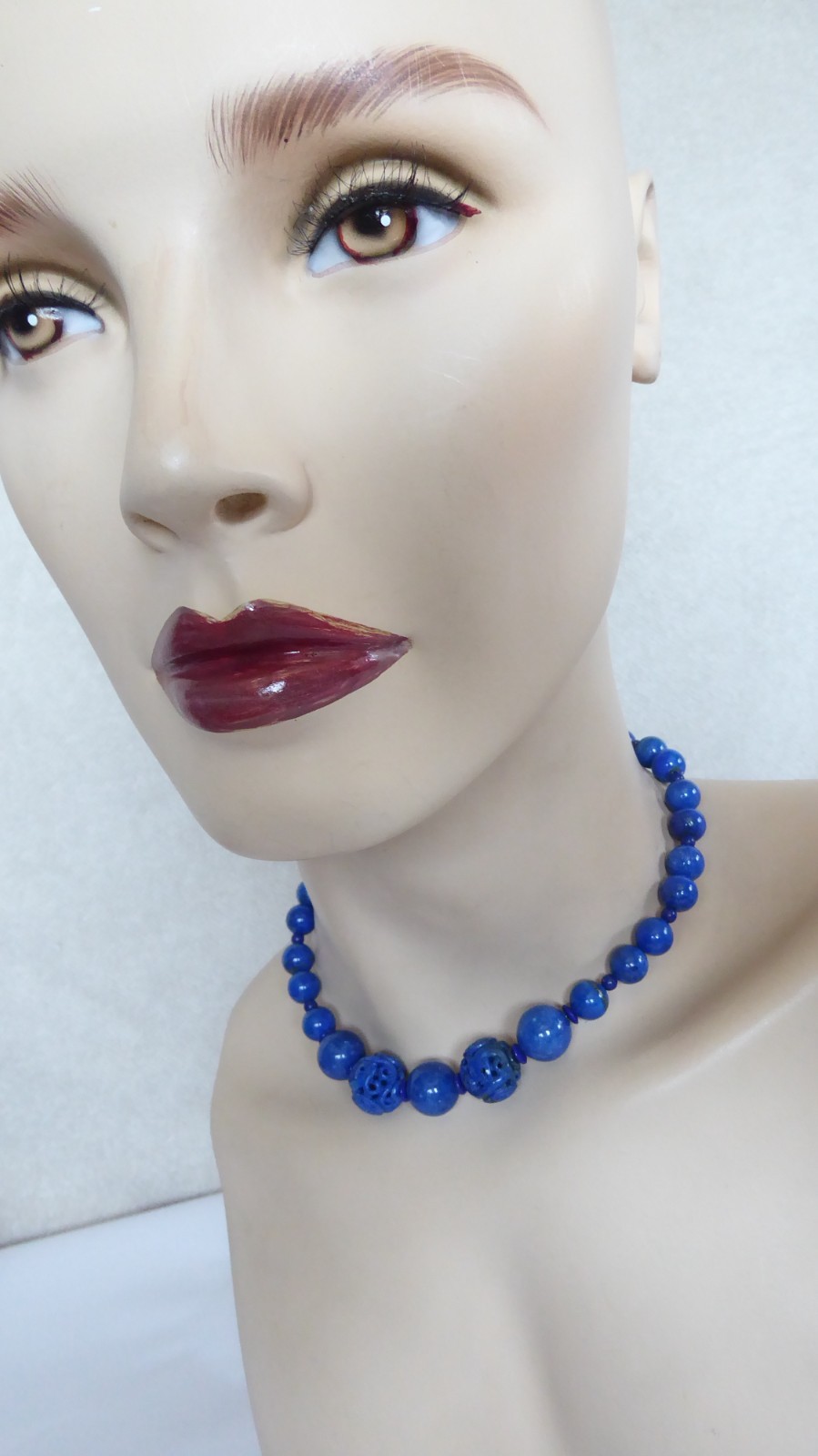 Carved Lapis Lazuli Bead Statement Necklace 15″ long 15mm & 9mm Round beads Asia