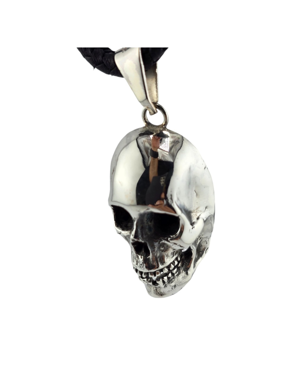 Handmade Solid 925 Sterling Silver Skull Pendant with Handwoven Leather Necklace