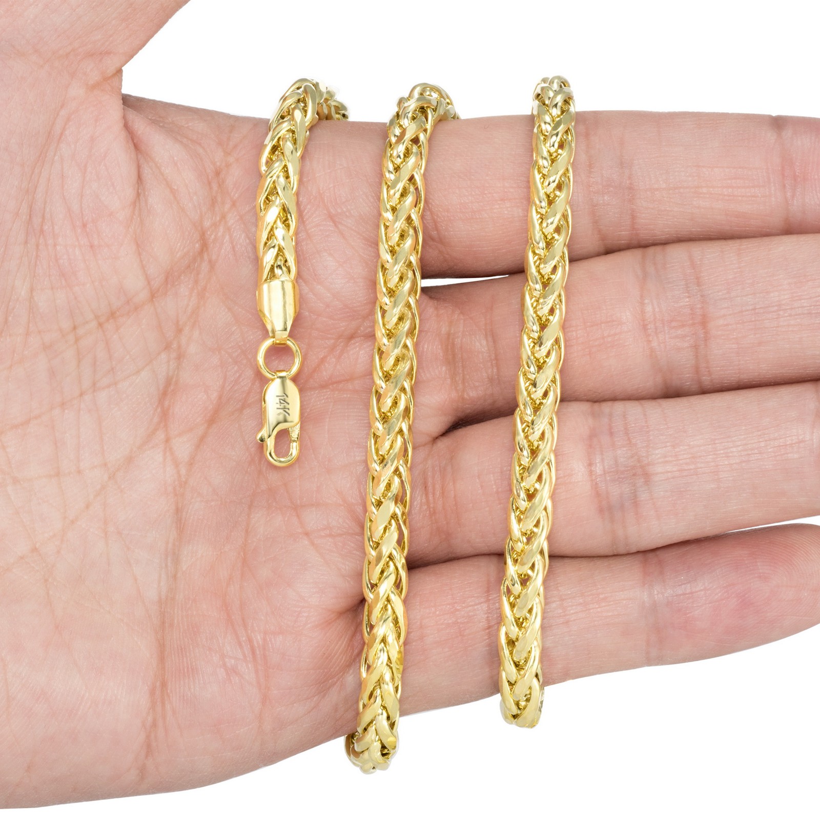14K Yellow Gold 2.5mm-5mm Round Wheat Palm Franco Spiga Chain Necklace 16″- 30″