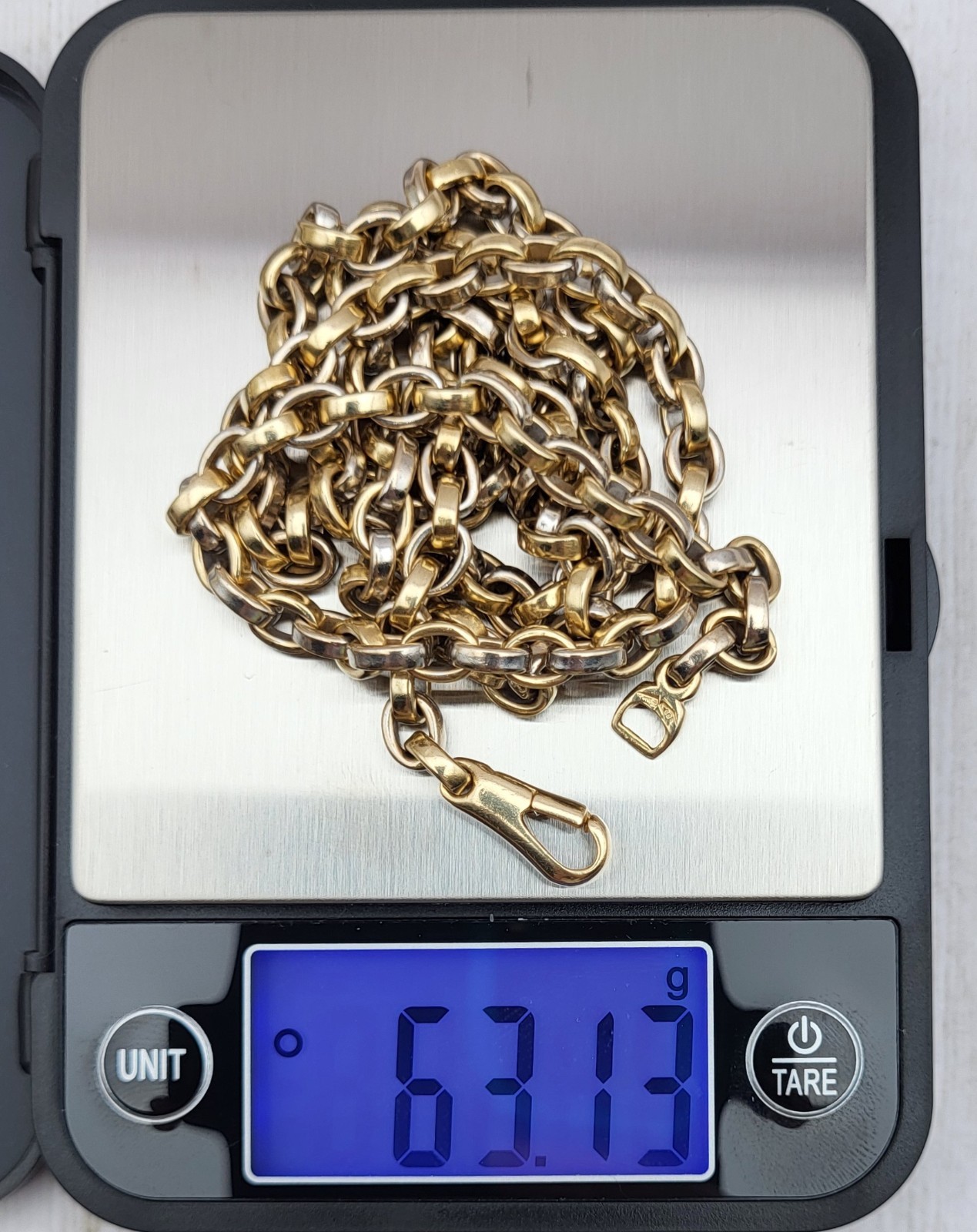 Heavy! Solid 14K 2 Tone Gold 24″ Fancy Link Chain Necklace 63.1 Grams Rolo Cable