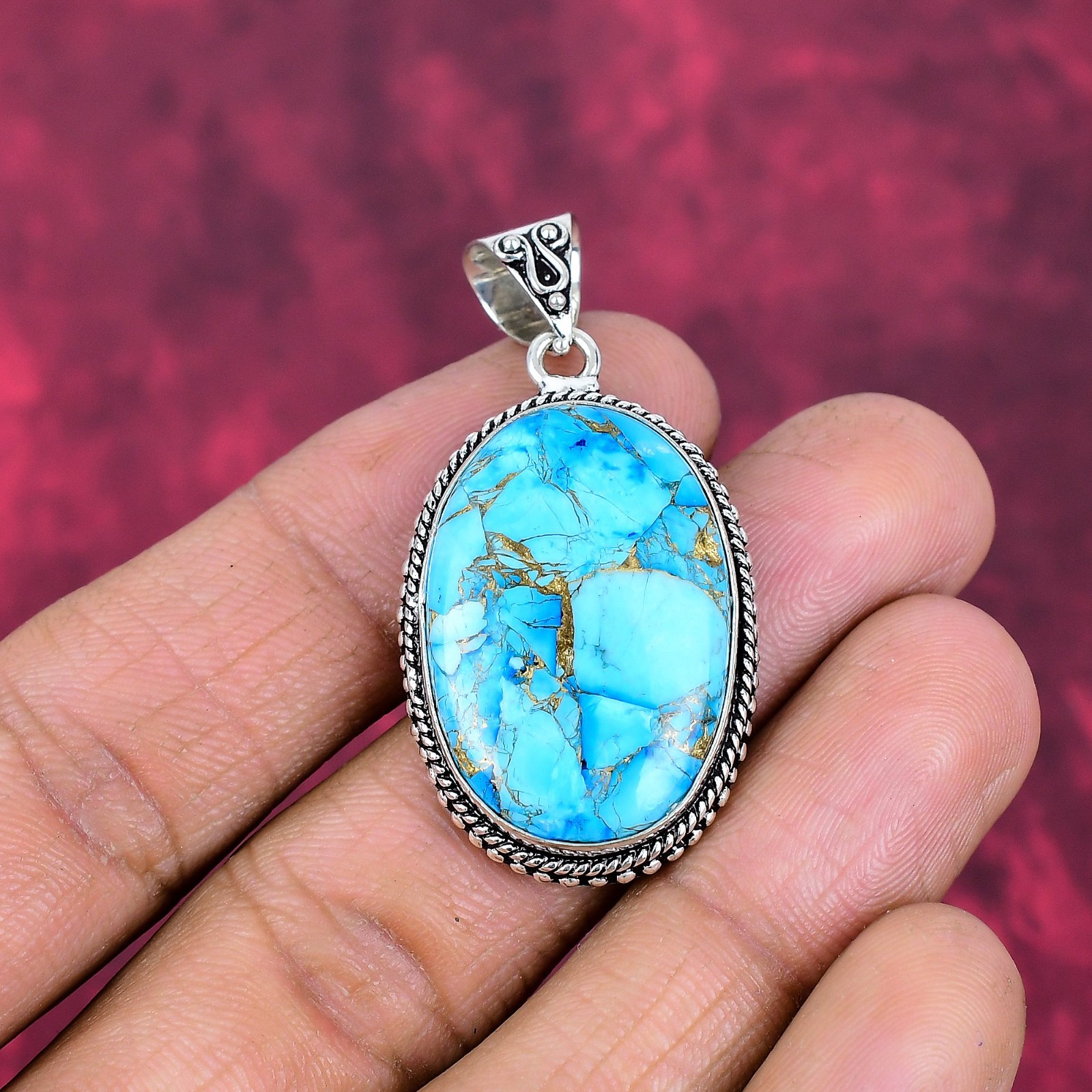 Blue Copper Turquoise Gemstone Handmade 925 Sterling Silver Jewelry Pendant