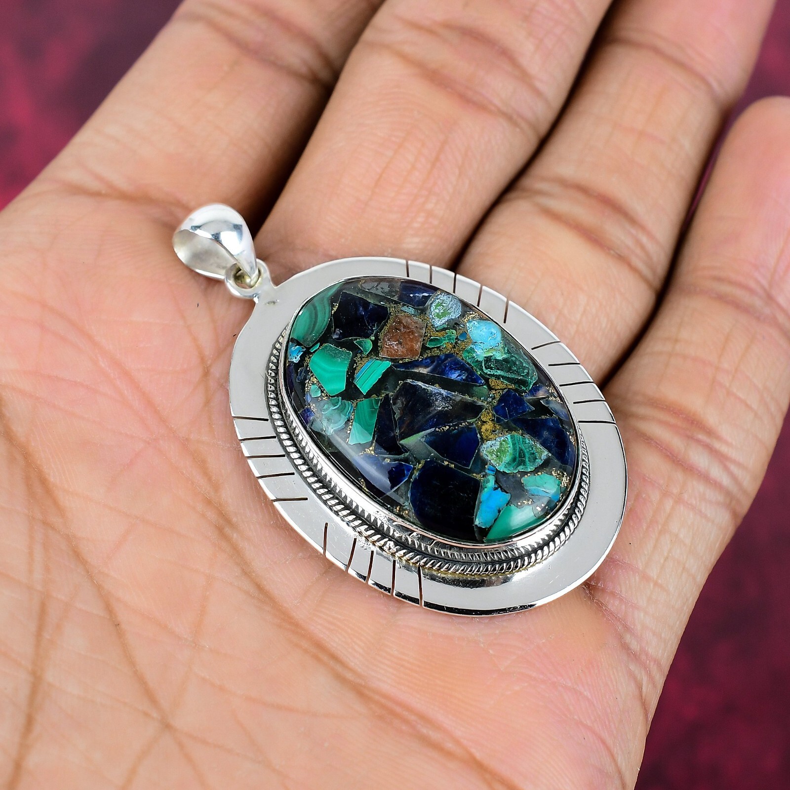 Copper Azurite Malachite Gemstone Handmade 925 Sterling Silver Pendant Jewelry