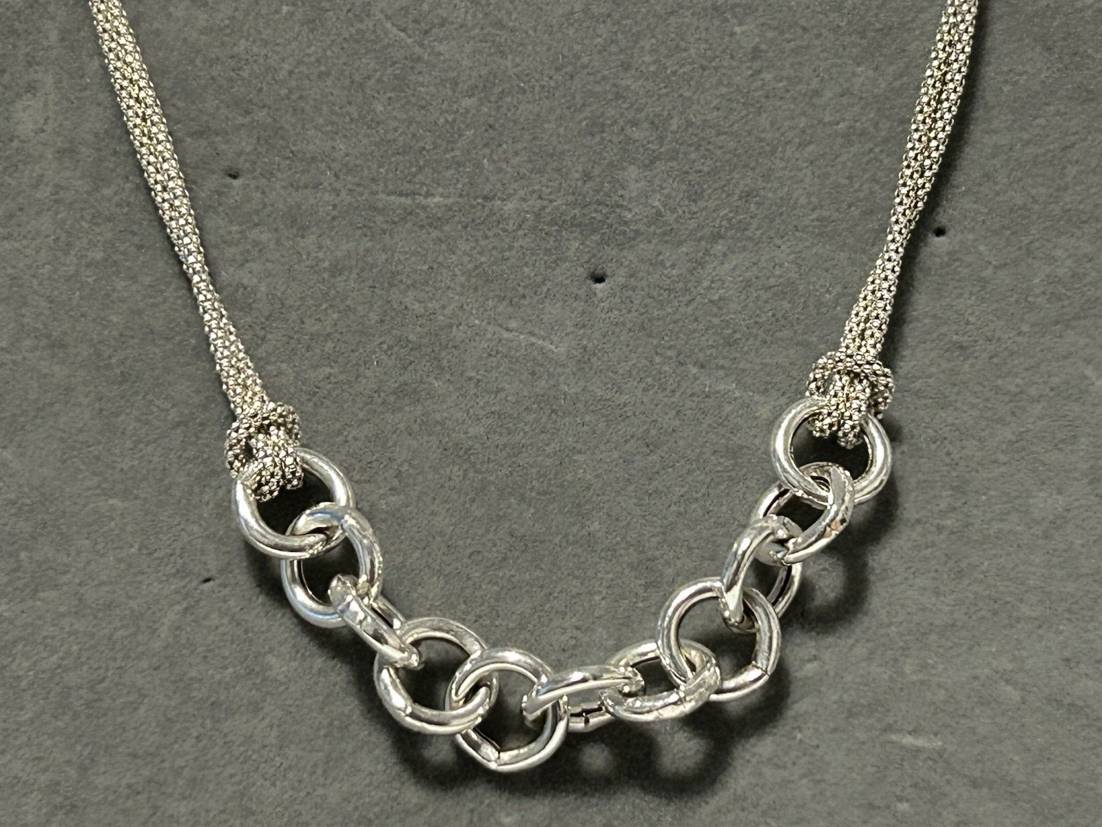 Sterling Silver Double Popcorn Link Necklace with Large Round Link Front (6.42g)