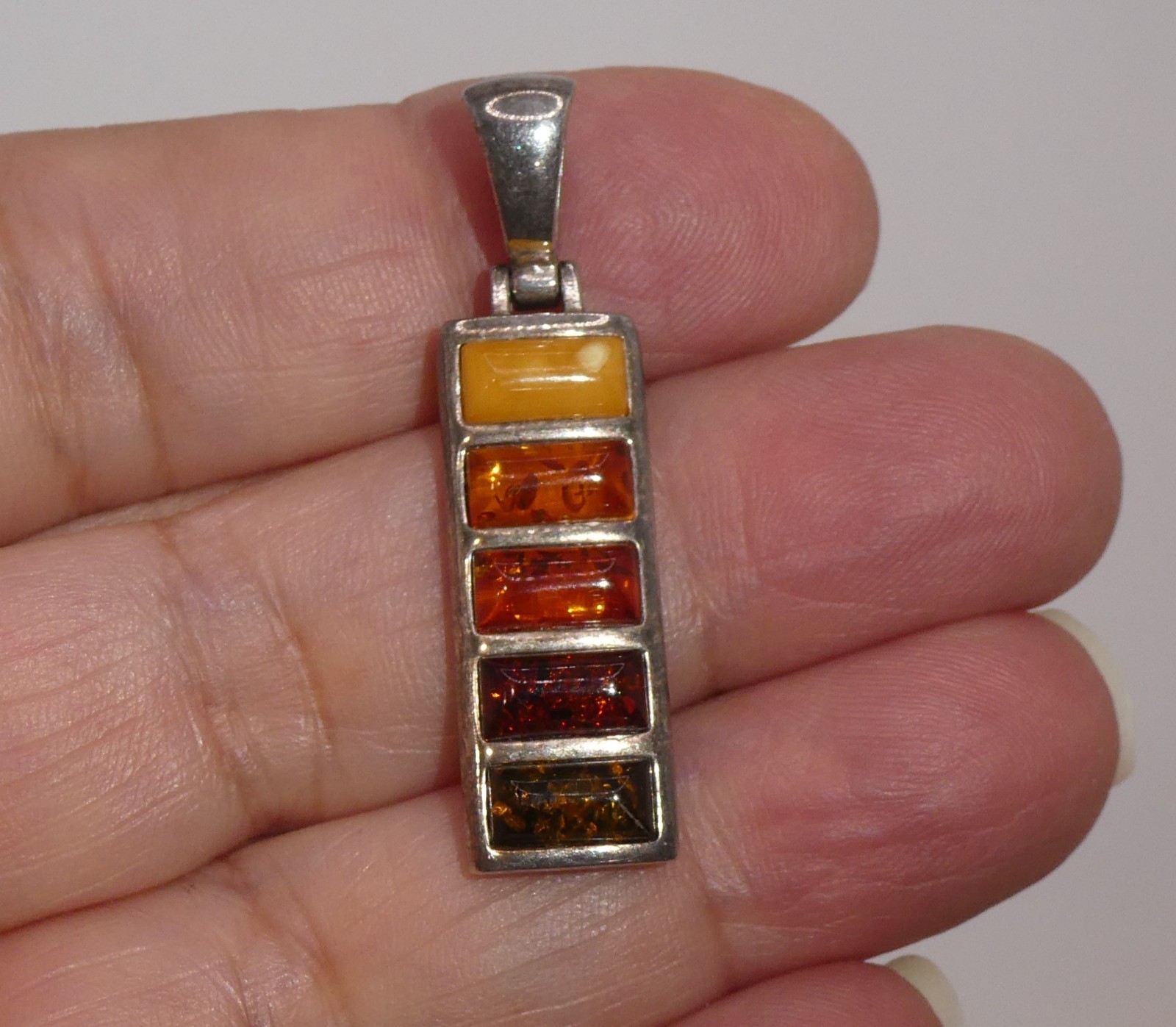 Vintage Sterling Silver Multi Color Amber Pendant Amber Layered Inlay Modernist