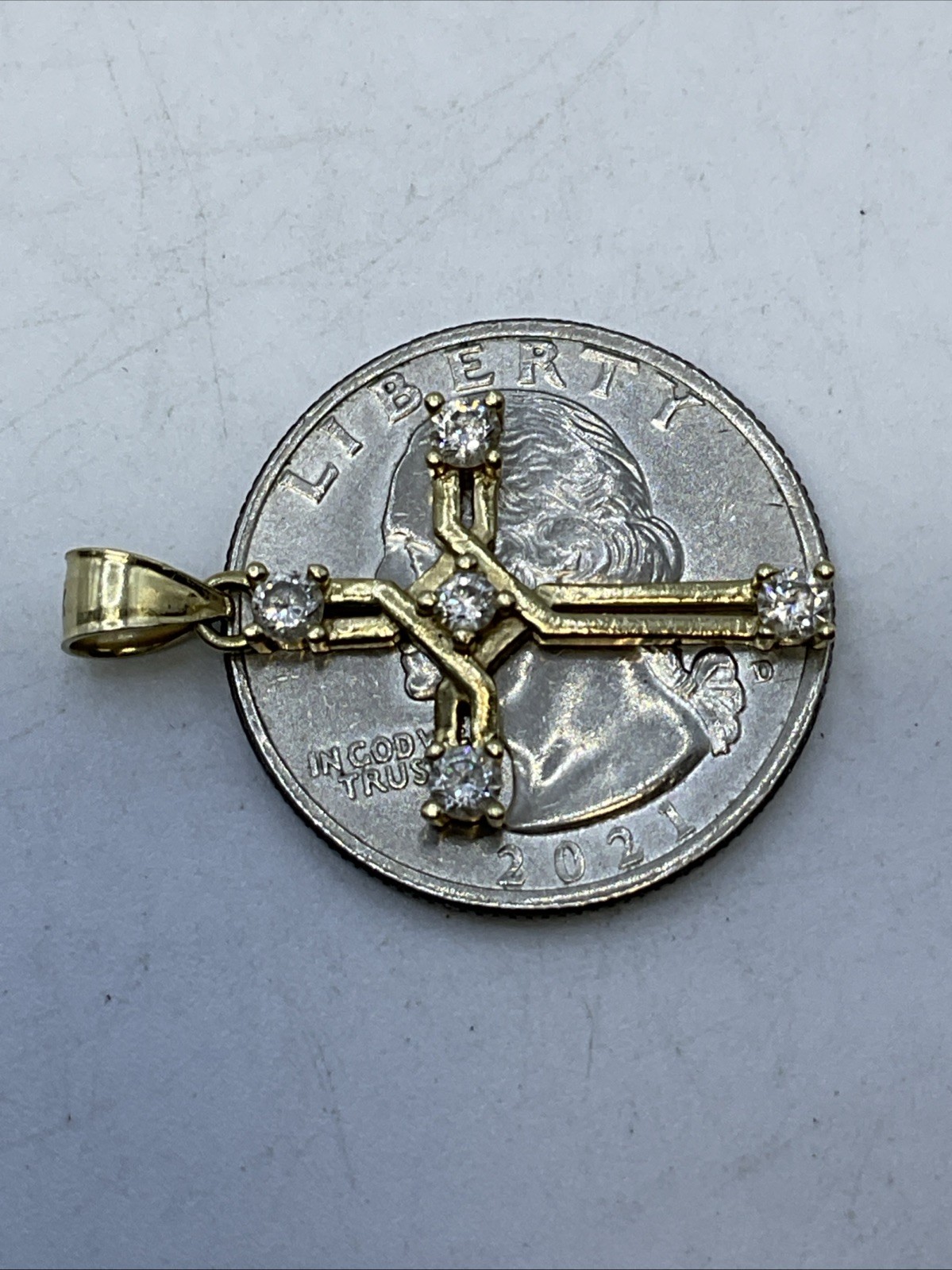 CROSS Charm Pendant (30mm x 17mm) Solid 13K Yellow Gold White CZ HANDMADE 2gr.