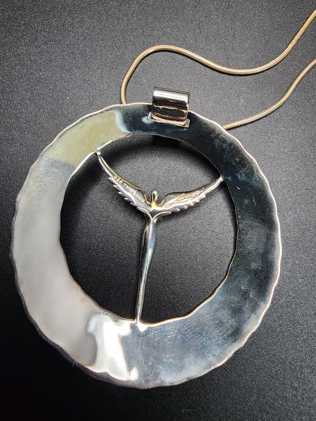 Nice Lavaggi Sterling 925 Silver Hammered Circle Angel Pendant & Necklace
