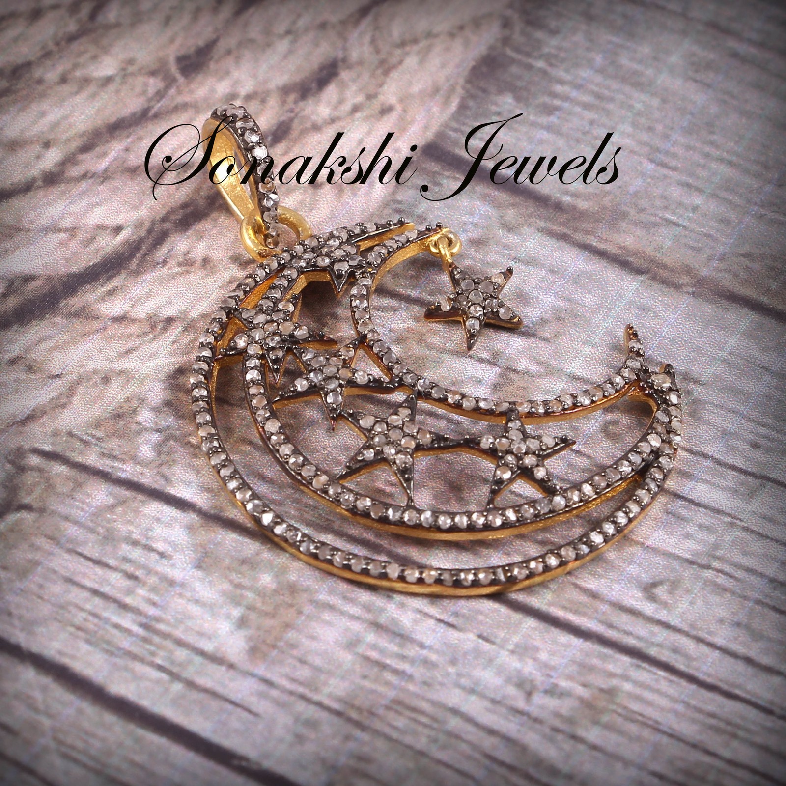 Rose Cut Diamond Moon Star Pendant: Handmade 925 Sterling Silver Pendent