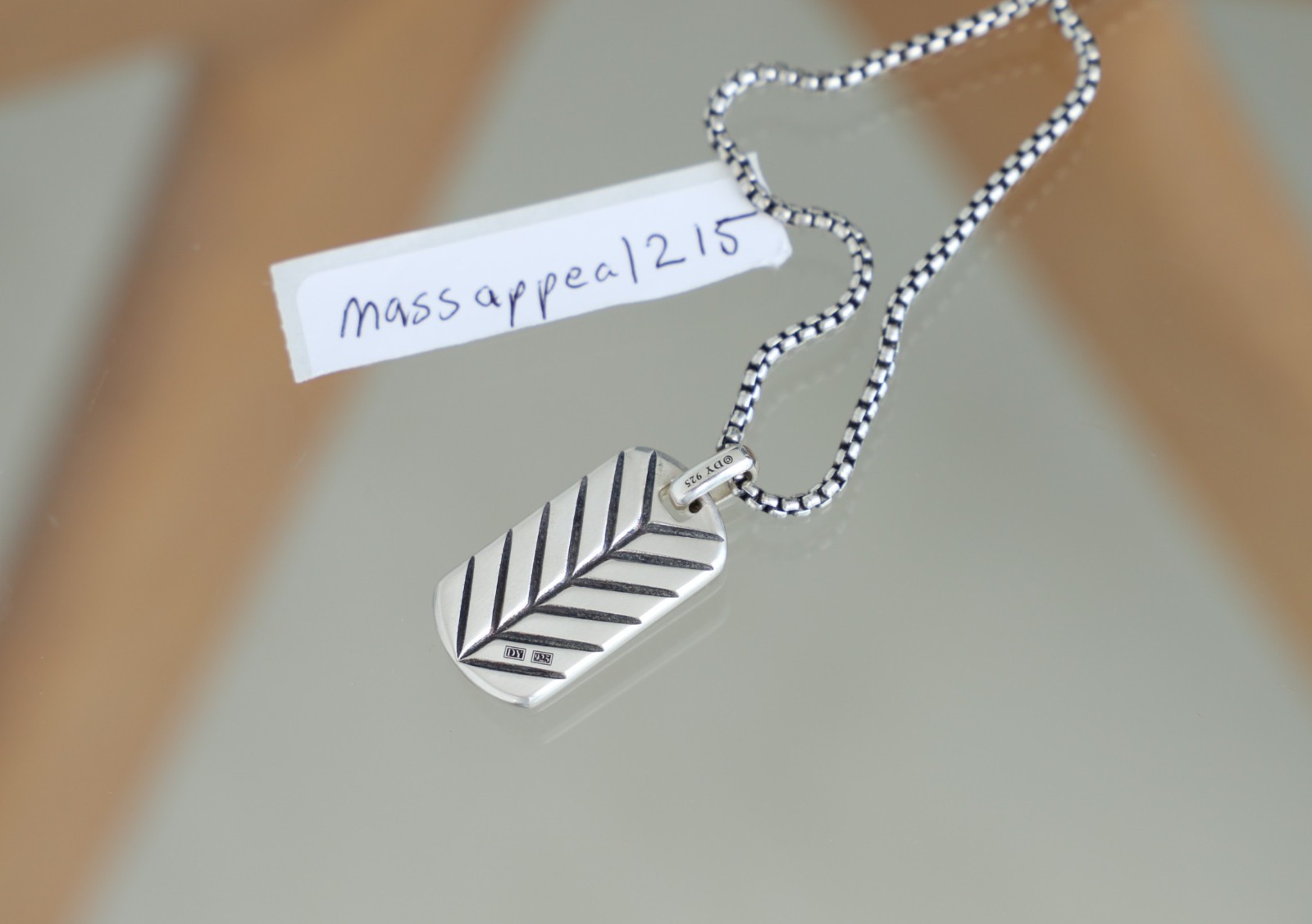 David Yurman Chevron 35mm Sterling Silver & Ruby Pave Dog Tag with Box Chain