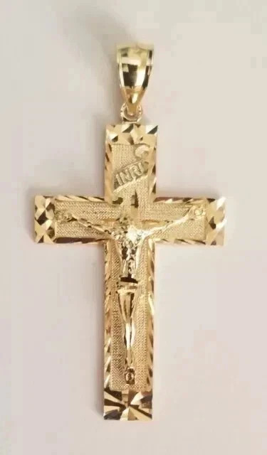 Religion Diamond Cut Jesus INRI Cross Crucifix Pendant 14K Yellow Gold Plated