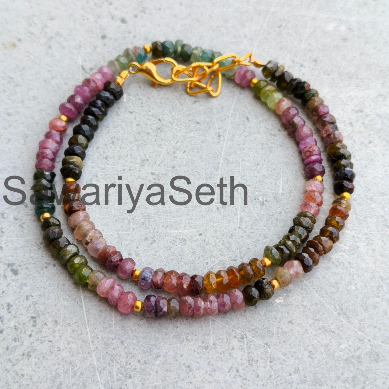 Multi Color Tourmaline Necklace, 4mm Faceted Rondelle Beads, Sterling Silver Cla